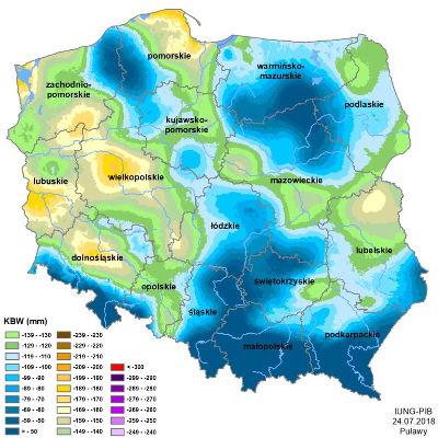 Zasięg występowania suszy w Polsce 2018