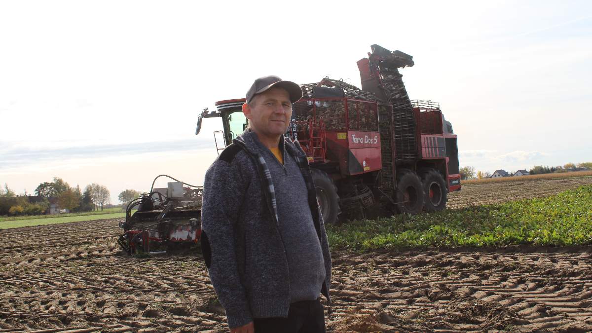 W prawej ręce gospodarza burak z biostymulacją, w lewej - bez. Różnice widać gołym okiem