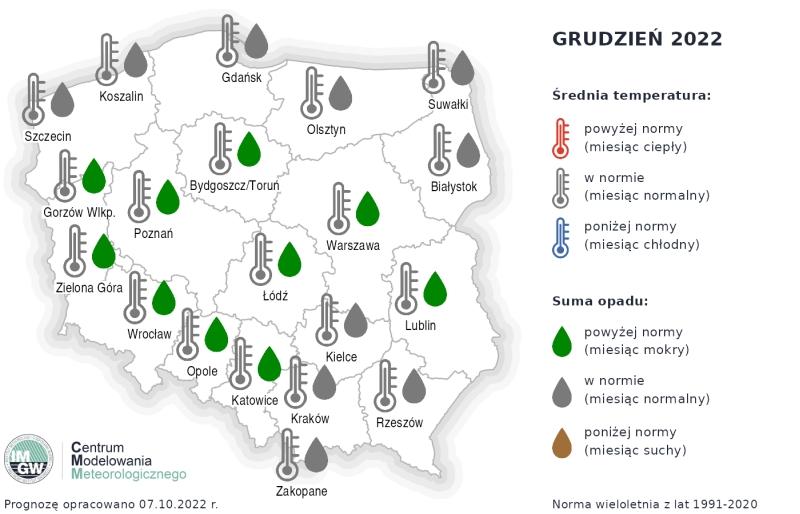 Prognoza średniej miesięcznej temperatury powietrza i miesięcznej sumy opadów atmosferycznych na grudzień 2022 r. dla wybranych miast w Polsce